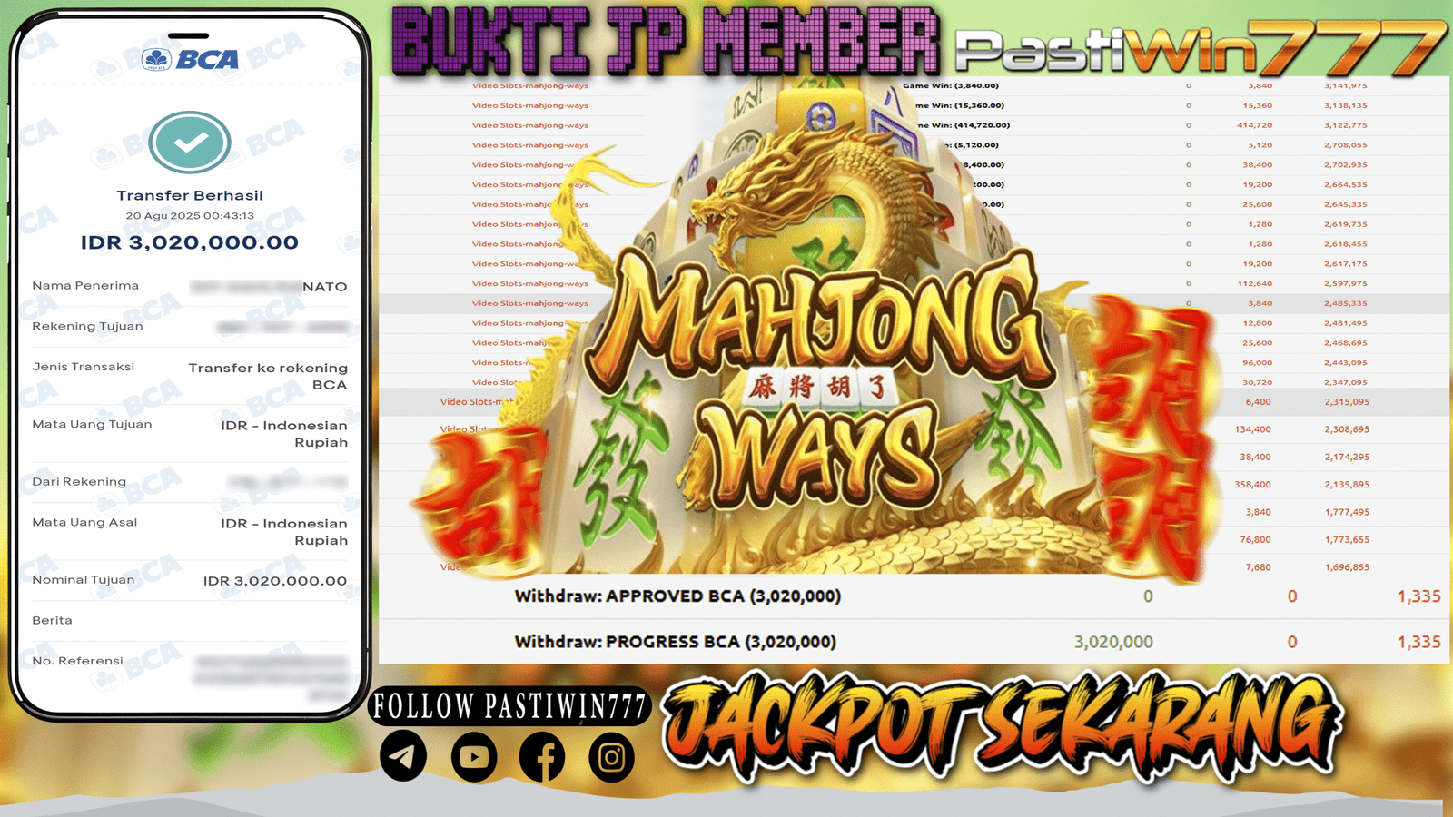 BUKTI JP MEMBER PASTIWIN777 BERMAIN GAME MAHJONG WAYS -PG SOFT