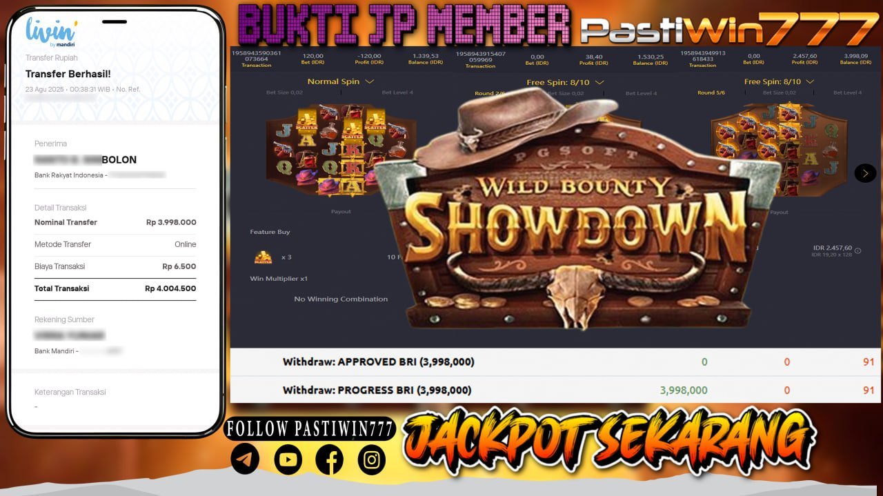 BUKTI JP MEMBER PASTIWIN777 BERMAIN WILD BOUNTY SHOWDOWN -PG SOFT