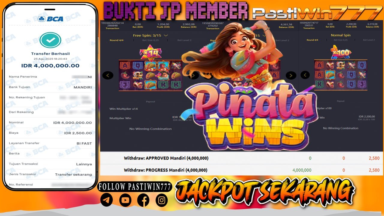 BUKTI JP MEMBER PASTIWIN777 BERMAIN GAME PINATA WINS -PG SOFT