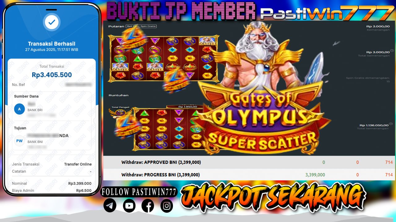 BUKTI JP MEMBER PASTIWIN777 BERMAIN GATES OF OLYMPUS SUPER SCATTER-PRAGMATIC PLAY