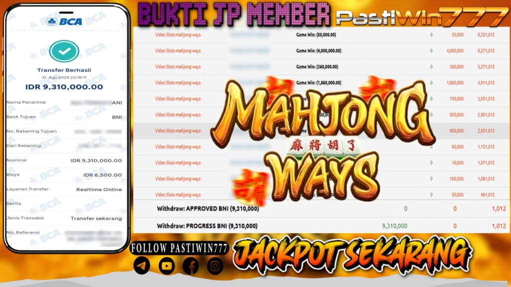BUKTI JP MEMBER PASTIWIN777 BERMAIN GAME MAHJONG WAYS -PG SOFT