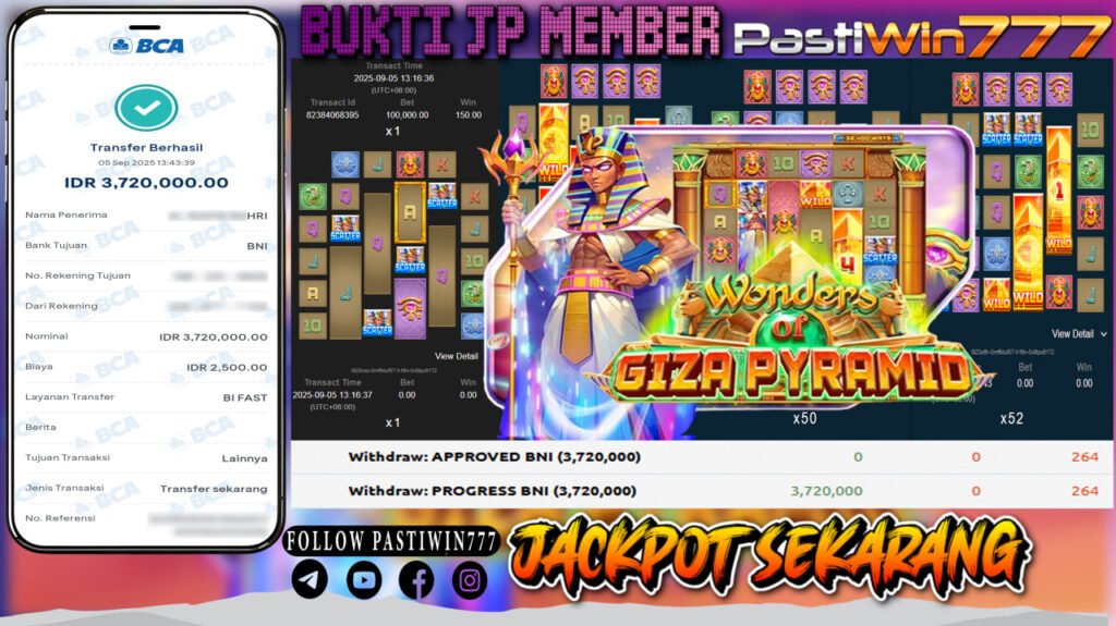 BUKTI JP MEMBER PASTIWIN777 BERMAIN WONDER OF GIZA PYRAMID-LIVE22