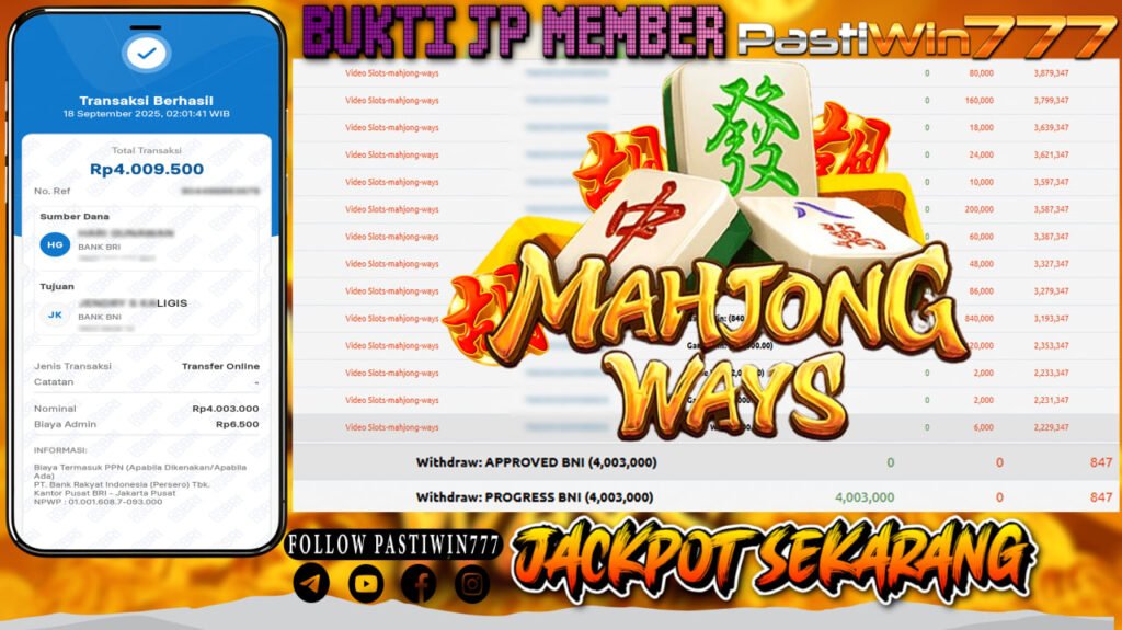 BUKTI JP MEMBER PASTIWIN777 BERMAIN GAME MAHJONG WAYS -PG SOFT