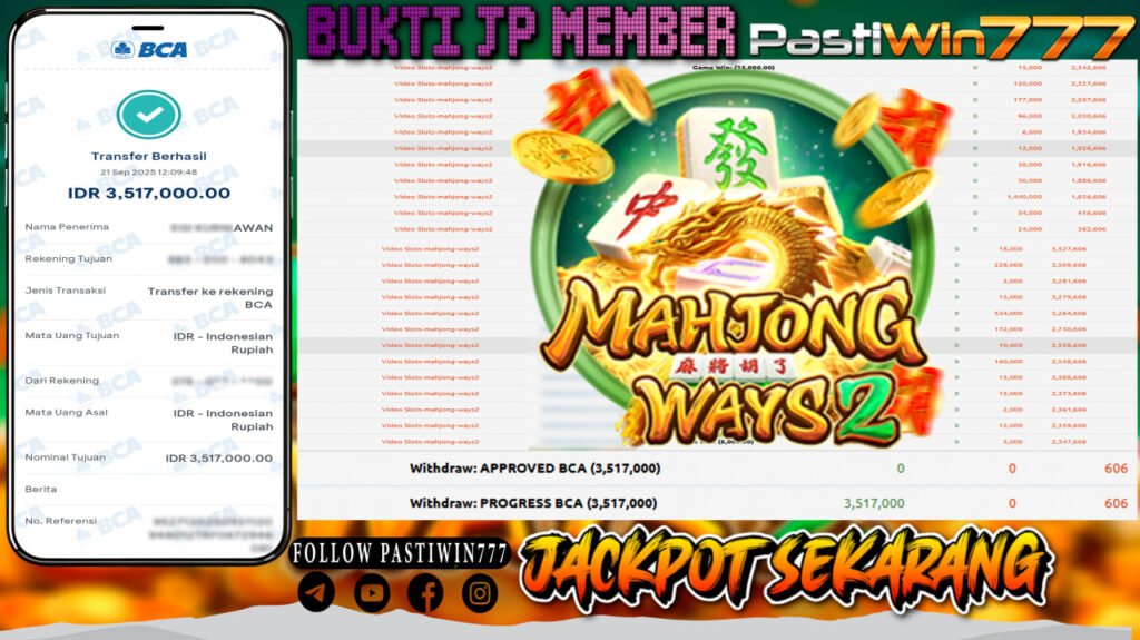 BUKTI JP MEMBER PASTIWIN777 BERMAIN GAME MAHJONG WAYS 2 -PG SOFT