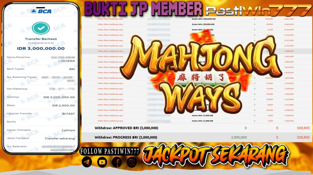 BUKTI JP MEMBER PASTIWIN777 BERMAIN GAME MAHJONG WAYS -PG SOFT