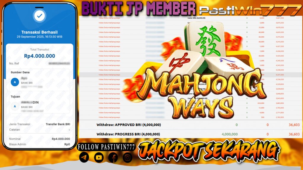 BUKTI JP MEMBER PASTIWIN777 BERMAIN GAME MAHJONG WAYS -PG SOFT