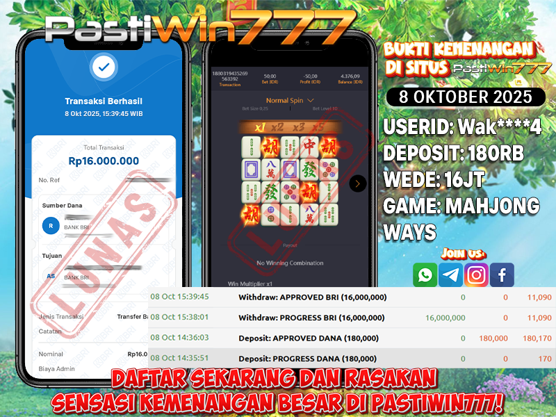 BUKTI JP BESAR MEMBER PASTIWIN777 – MAHJONG WAYS – PSOFT