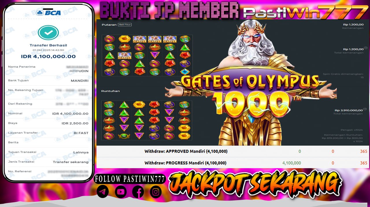 BUKTI JP MEMBER PASTIWIN777 BERMAIN GATE OF OLYMPUS 1000 -PRAGMATIC PLAY