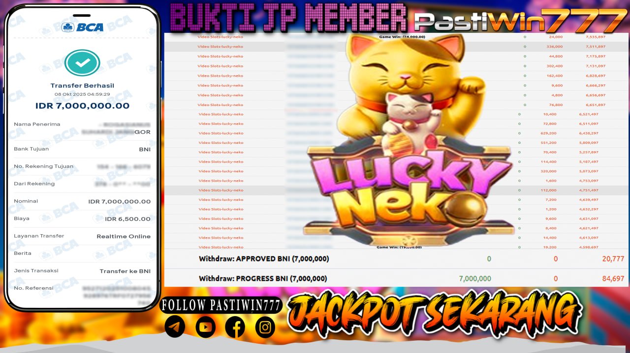 BUKTI JP MEMBER PASTIWIN777 BERMAIN GAME LUCKY NEKO -PG SOFT