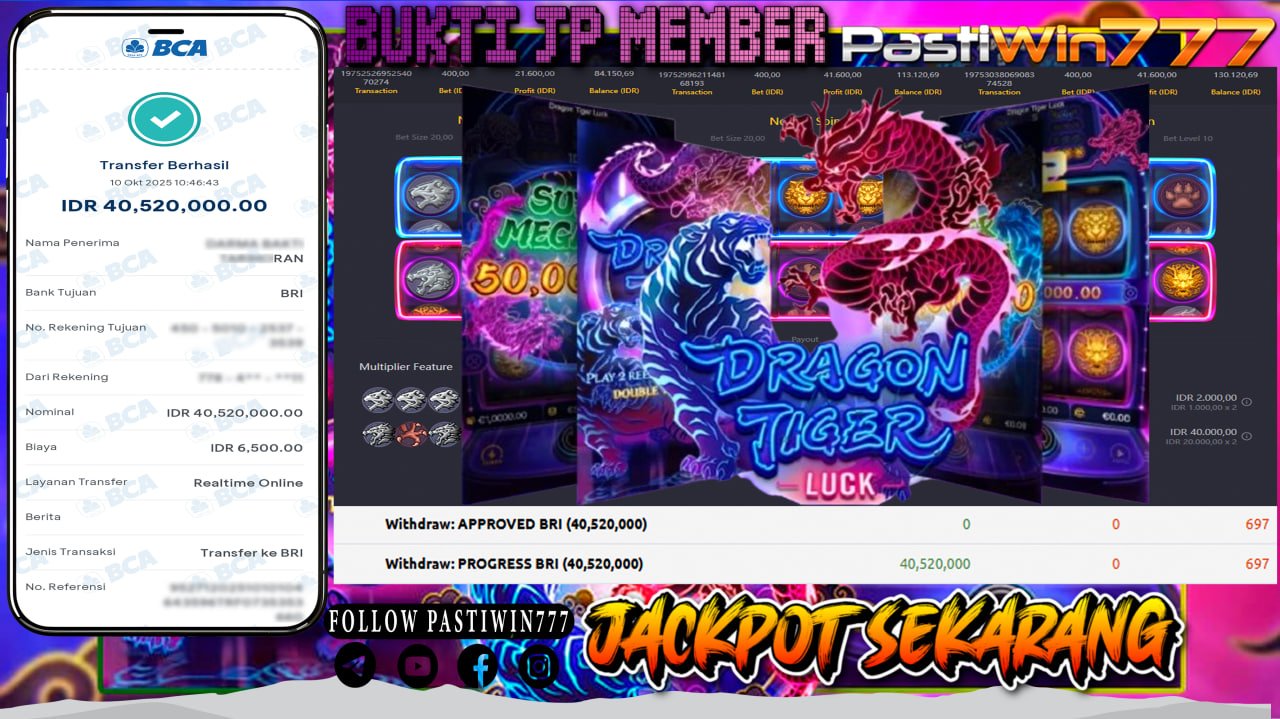 BUKTI JP MEMBER PASTIWIN777 BERMAIN GAME DRAGON TIGER LUCK -PG SOFT