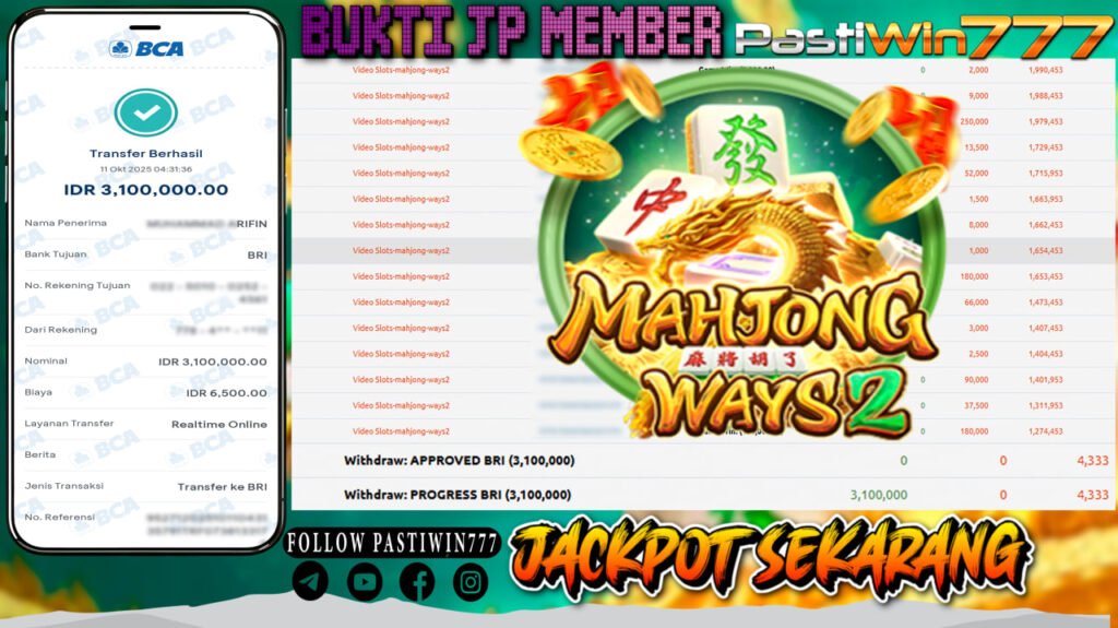 BUKTI JP MEMBER PASTIWIN777 BERMAIN GAME MAHJONG WAYS 2 -PG SOFT