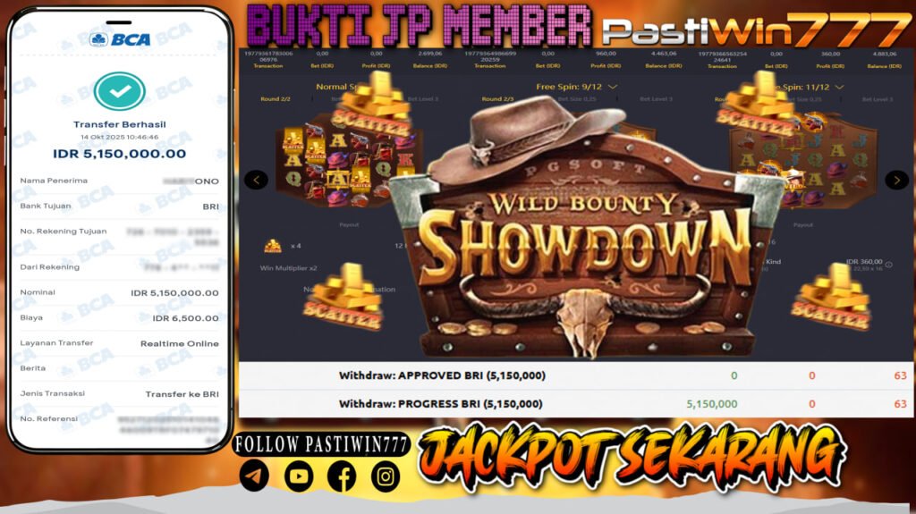 BUKTI JP MEMBER PASTIWIN777 BERMAIN WILD BOUNTY SHOWDOWN -PG SOFT