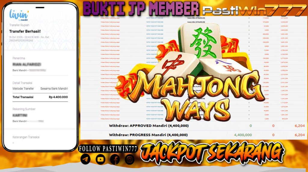 BUKTI JP MEMBER PASTIWIN777 BERMAIN GAME MAHJONG WAYS -PG SOFT