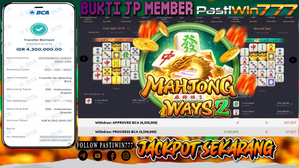 BUKTI JP MEMBER PASTIWIN777 BERMAIN GAME MAHJONG WAYS 2 -PG SOFT