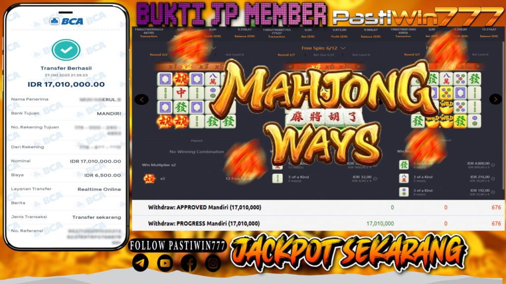 BUKTI JP MEMBER PASTIWIN777 BERMAIN GAME MAHJONG WAYS -PG SOFT