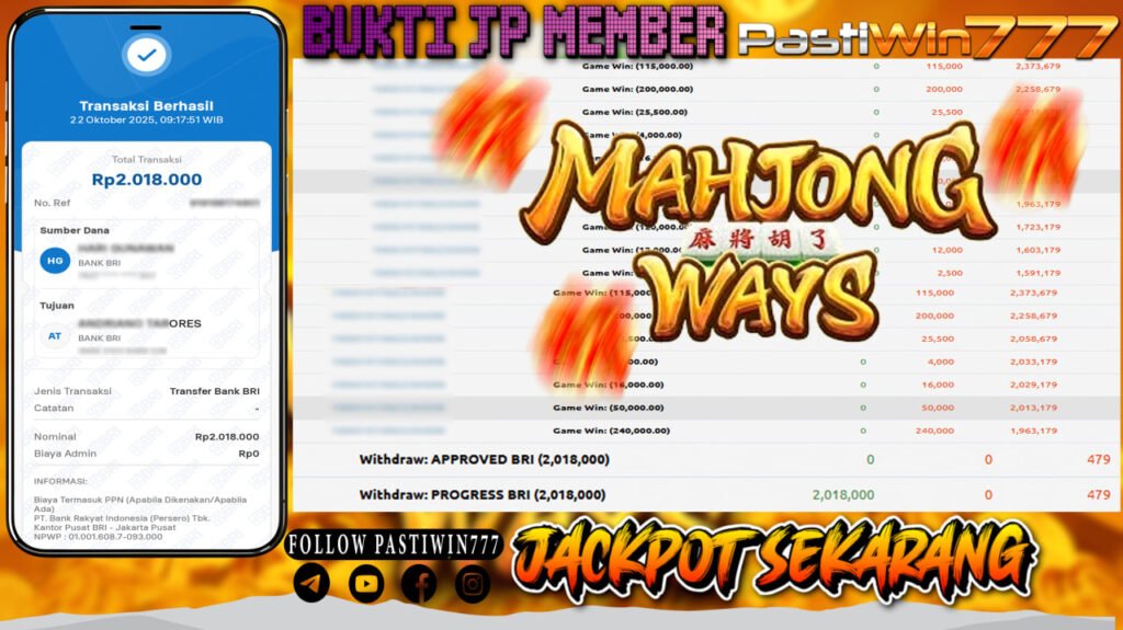 BUKTI JP MEMBER PASTIWIN777 BERMAIN GAME MAHJONG WAYS -PG SOFT