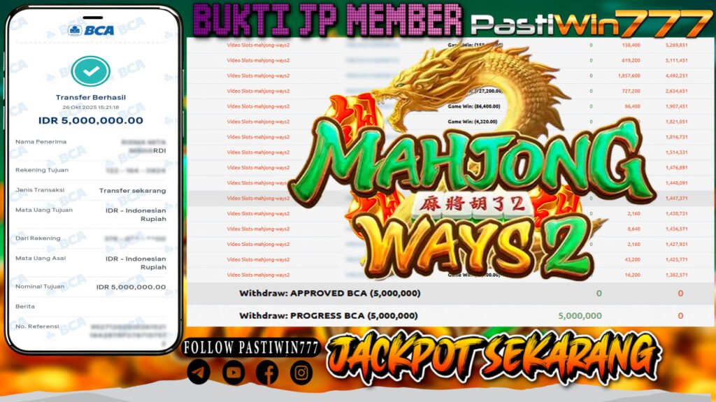 BUKTI JP MEMBER PASTIWIN777 BERMAIN GAME MAHJONG WAYS 2 -PG SOFT