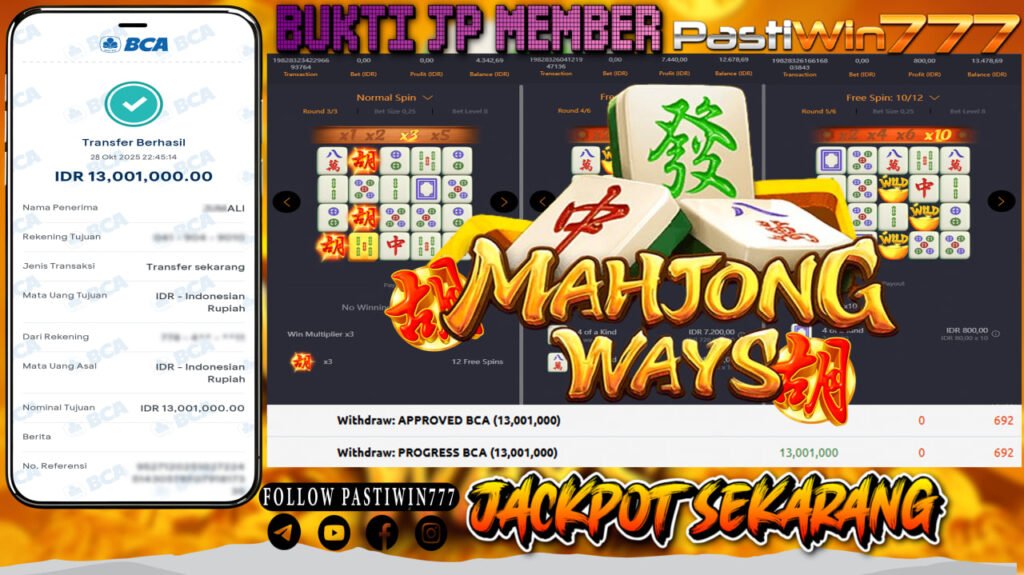 BUKTI JP MEMBER PASTIWIN777 BERMAIN GAME MAHJONG WAYS -PG SOFT