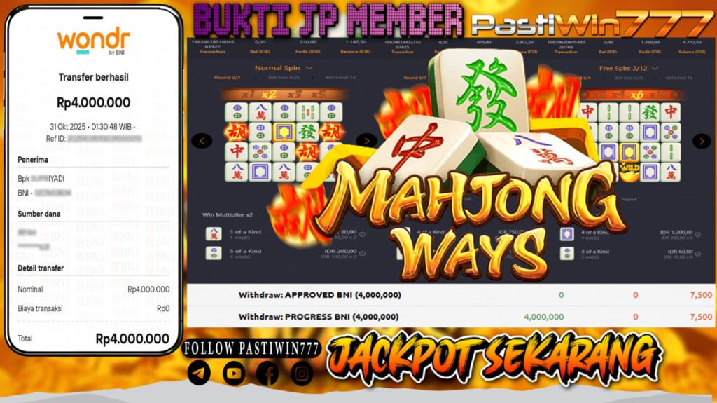 BUKTI JP MEMBER PASTIWIN777 BERMAIN GAME MAHJONG WAYS -PG SOFT