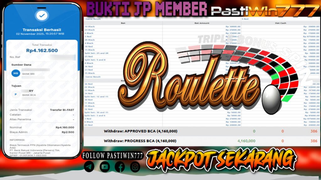 BUKTI JP MEMBER PASTIWIN777 BERMAIN ROULETTE – LIVE GAME PRAGMATIC PLAY