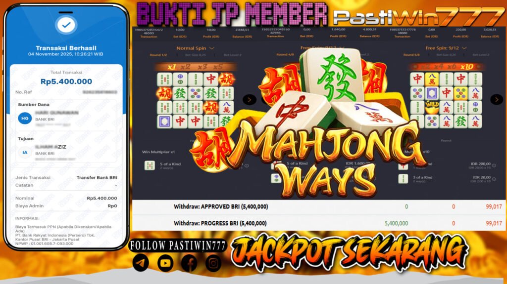 BUKTI JP MEMBER PASTIWIN777 BERMAIN GAME MAHJONG WAYS -PG SOFT