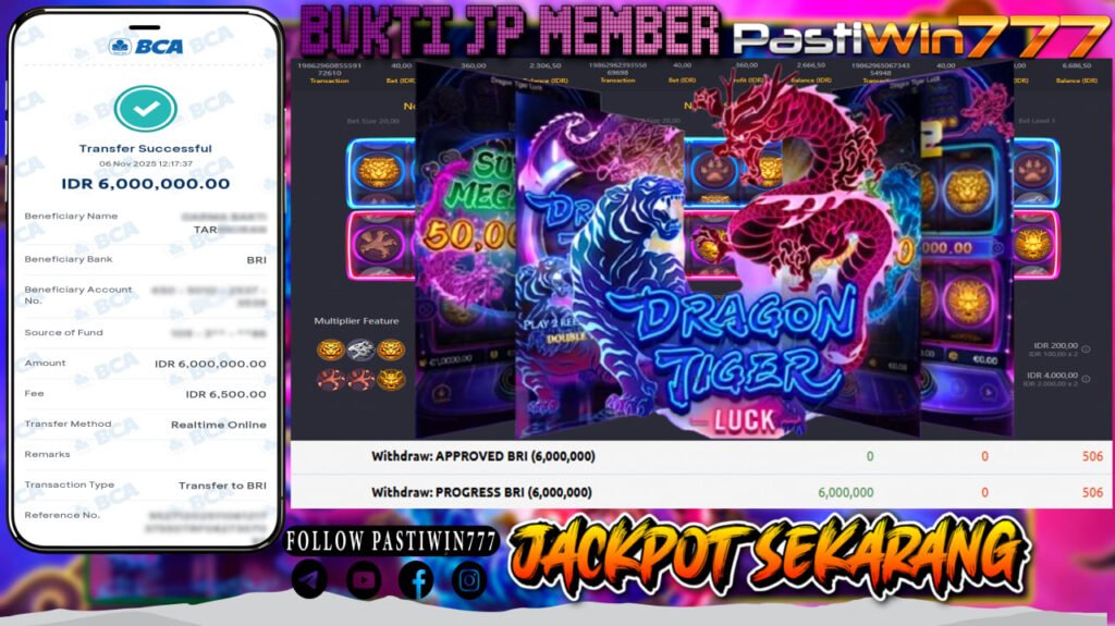 BUKTI JP MEMBER PASTIWIN777 BERMAIN GAME DRAGON TIGER LUCK -PG SOFT