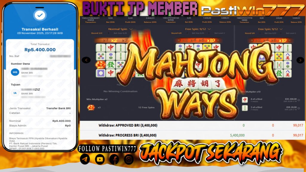 BUKTI JP MEMBER PASTIWIN777 BERMAIN GAME MAHJONG WAYS -PG SOFT