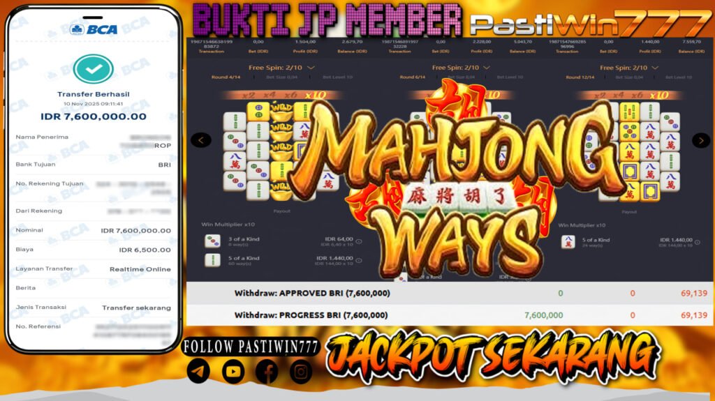 BUKTI JP MEMBER PASTIWIN777 BERMAIN GAME MAHJONG WAYS -PG SOFT