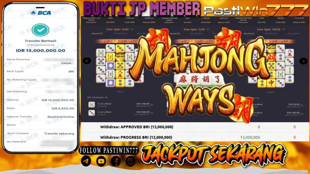 BUKTI JP MEMBER PASTIWIN777 BERMAIN GAME MAHJONG WAYS -PG SOFT