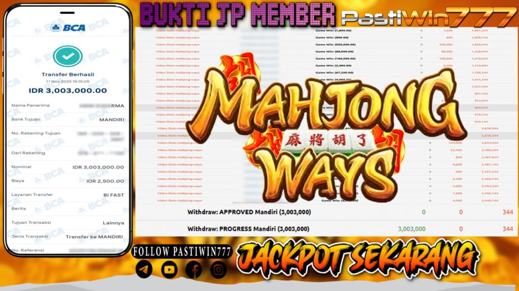 BUKTI JP MEMBER PASTIWIN777 BERMAIN GAME MAHJONG WAYS -PG SOFT