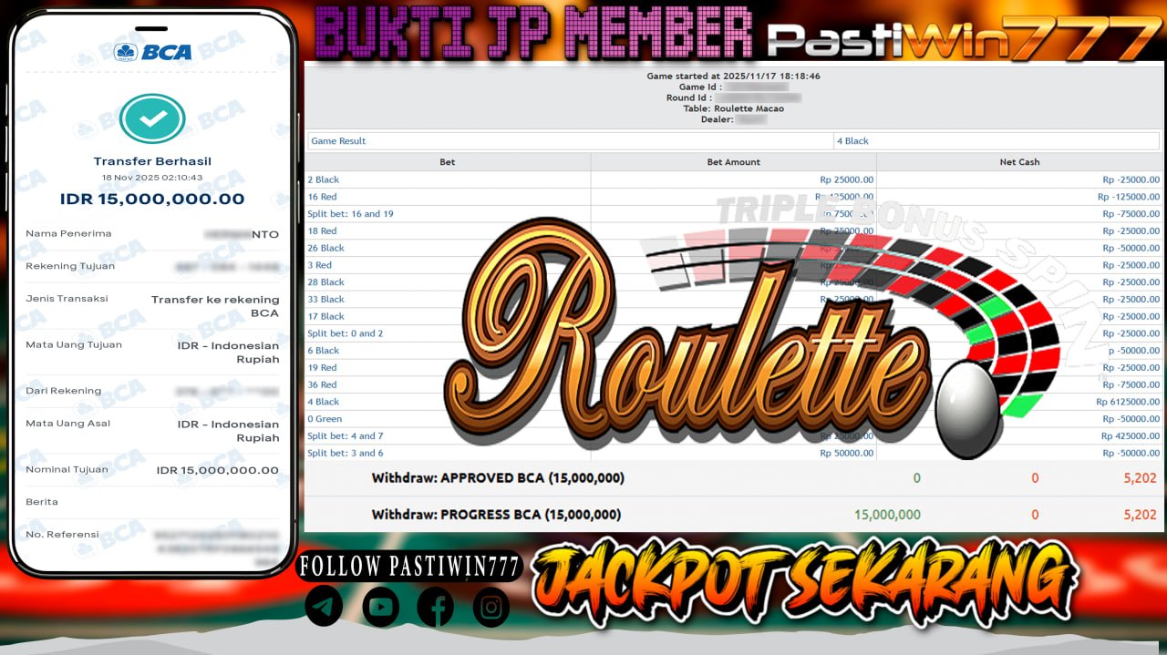 BUKTI JP MEMBER PASTIWIN777 BERMAIN ROULETTE – LIVE GAME PRAGMATIC PLAY