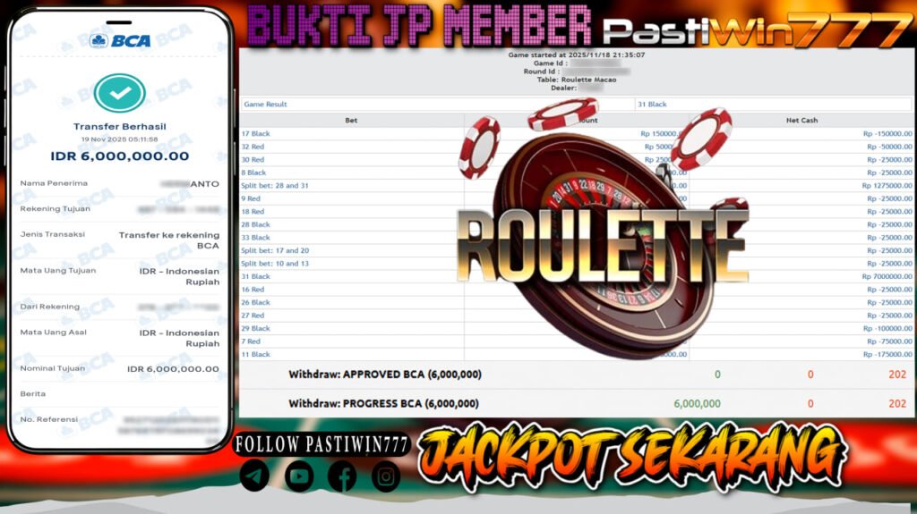 BUKTI JP MEMBER PASTIWIN777 BERMAIN ROULETTE – LIVE GAME PRAGMATIC PLAY