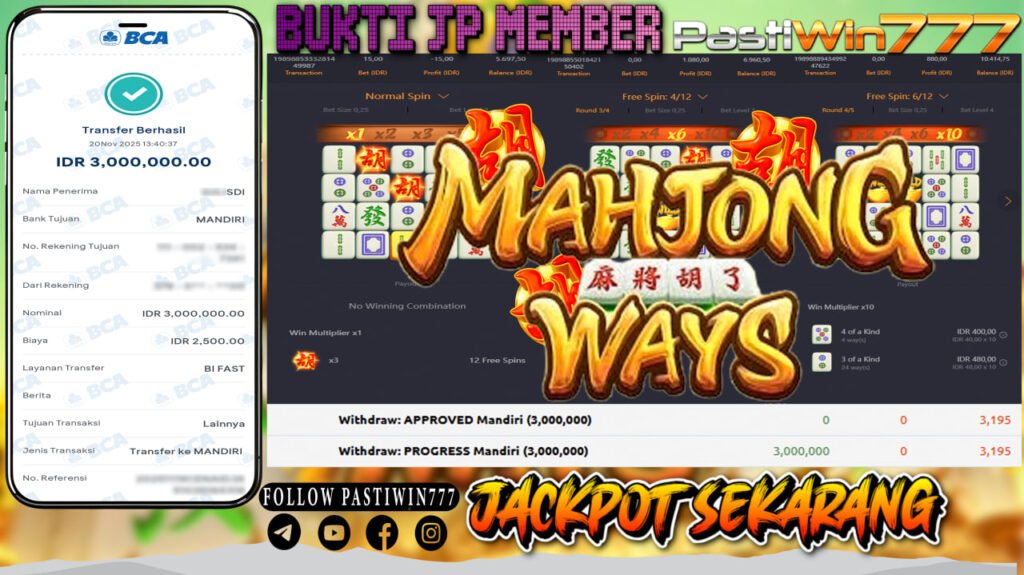 BUKTI JP MEMBER PASTIWIN777 BERMAIN GAME MAHJONG WAYS -PG SOFT