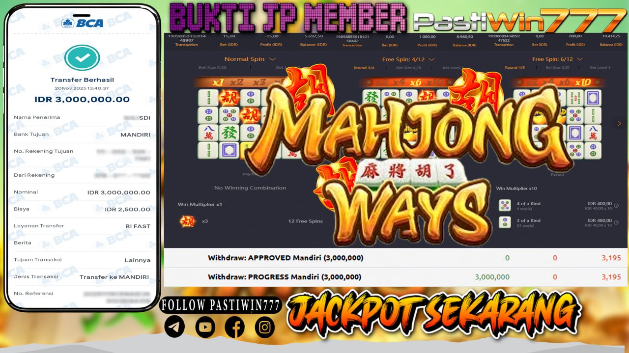BUKTI JP MEMBER PASTIWIN777 BERMAIN GAME MAHJONG WAYS -PG SOFT