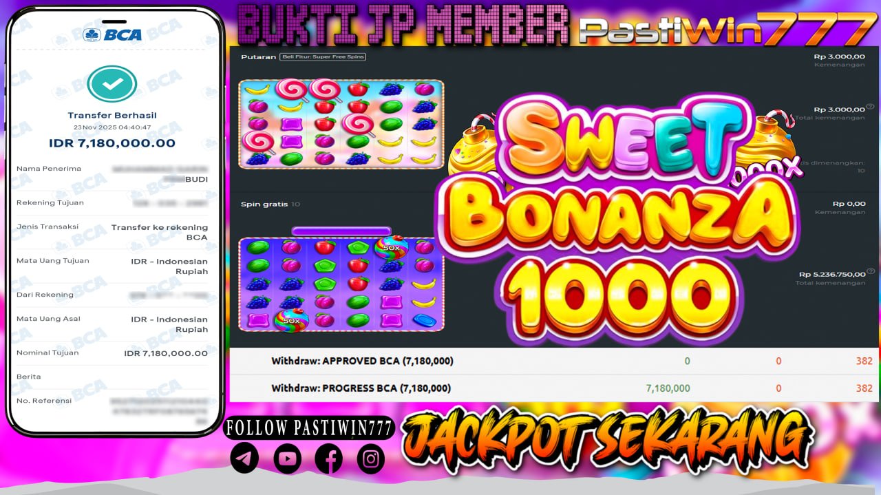 BUKTI JP MEMBER PASTIWIN777 BERMAIN GAME SWEET BONANZA 1000 -PRAGMATIC PLAY