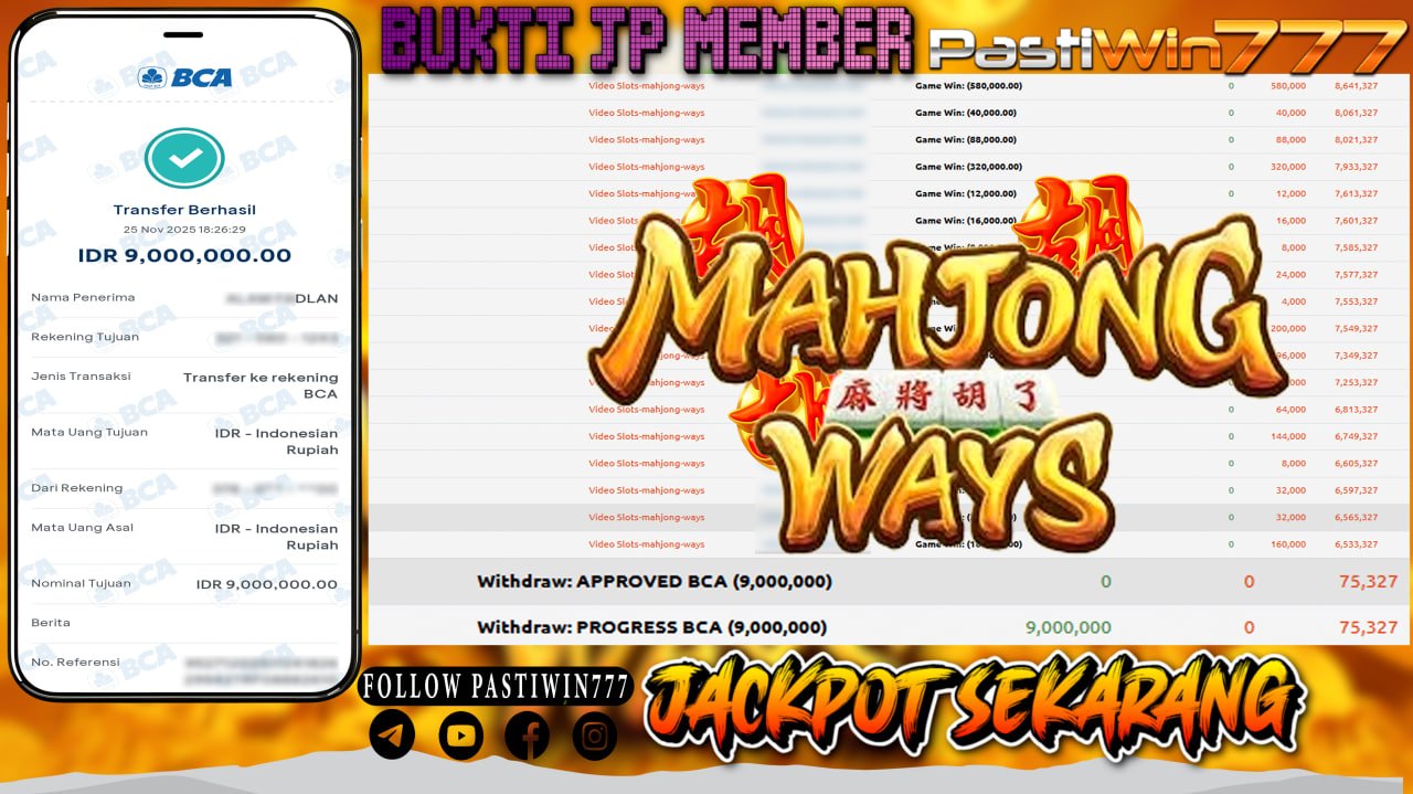 BUKTI JP MEMBER PASTIWIN777 BERMAIN GAME MAHJONG WAYS -PG SOFT