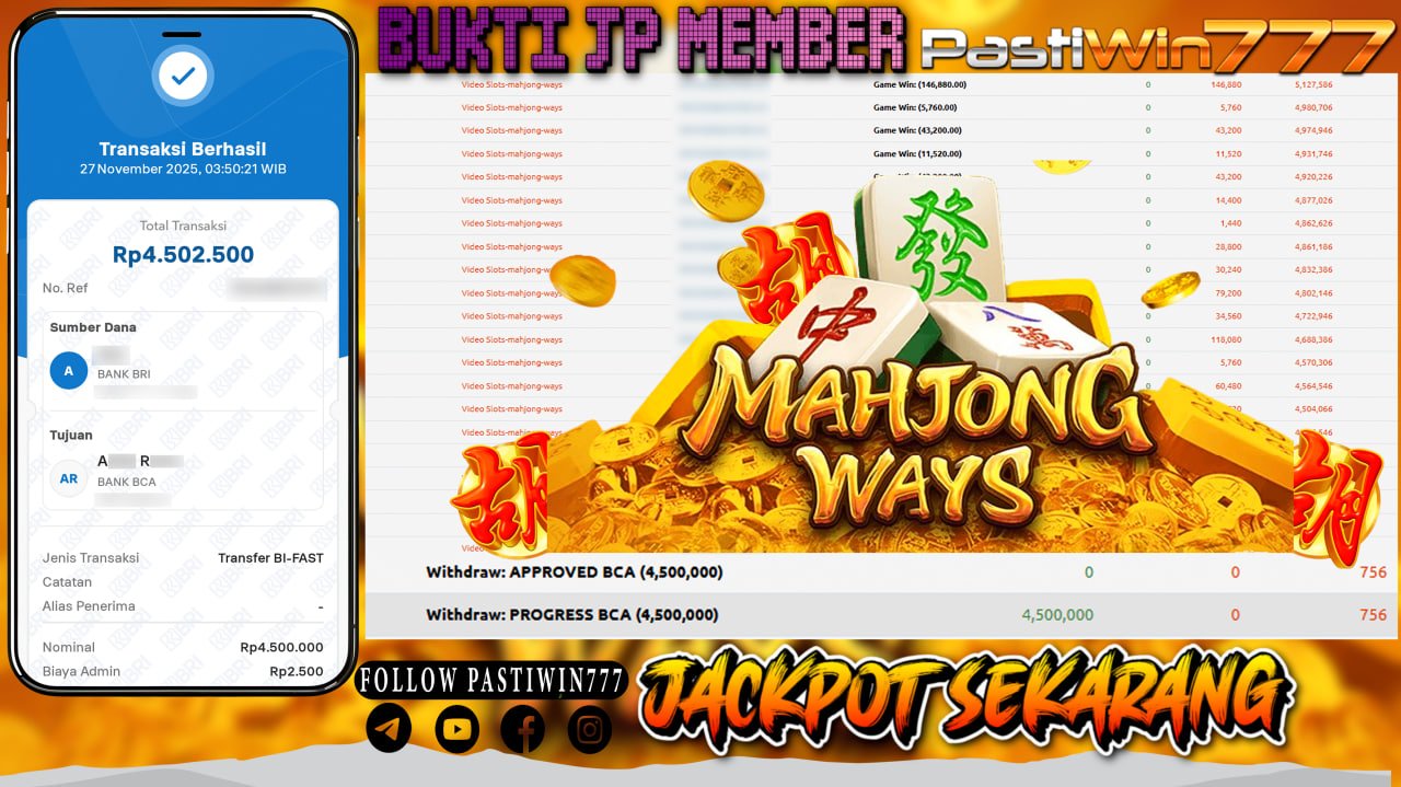 BUKTI JP MEMBER PASTIWIN777 BERMAIN GAME MAHJONG WAYS -PG SOFT