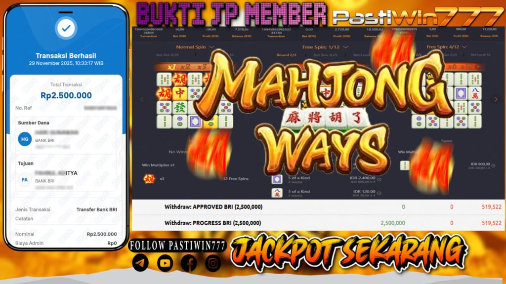 BUKTI JP MEMBER PASTIWIN777 BERMAIN GAME MAHJONG WAYS -PG SOFT