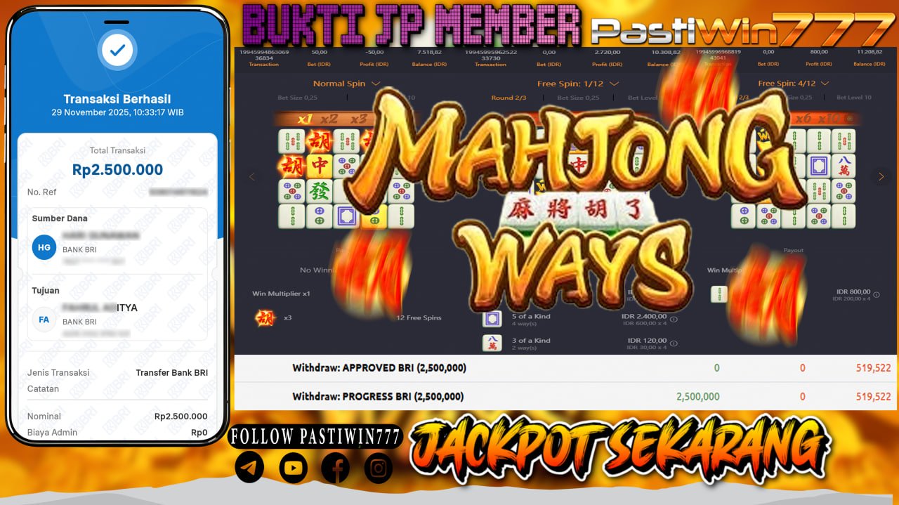 BUKTI JP MEMBER PASTIWIN777 BERMAIN GAME MAHJONG WAYS -PG SOFT