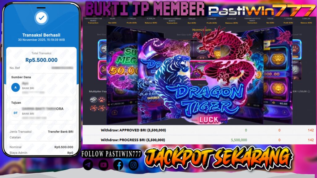BUKTI JP MEMBER PASTIWIN777 BERMAIN GAME DRAGON TIGER LUCK -PG SOFT