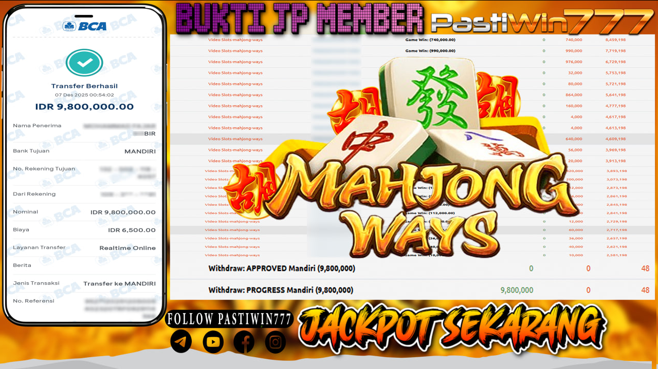 BUKTI JP MEMBER PASTIWIN777 BERMAIN GAME MAHJONG WAYS -PG SOFT