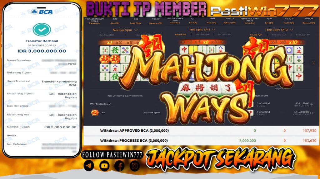 BUKTI JP MEMBER PASTIWIN777 BERMAIN GAME MAHJONG WAYS -PG SOFT