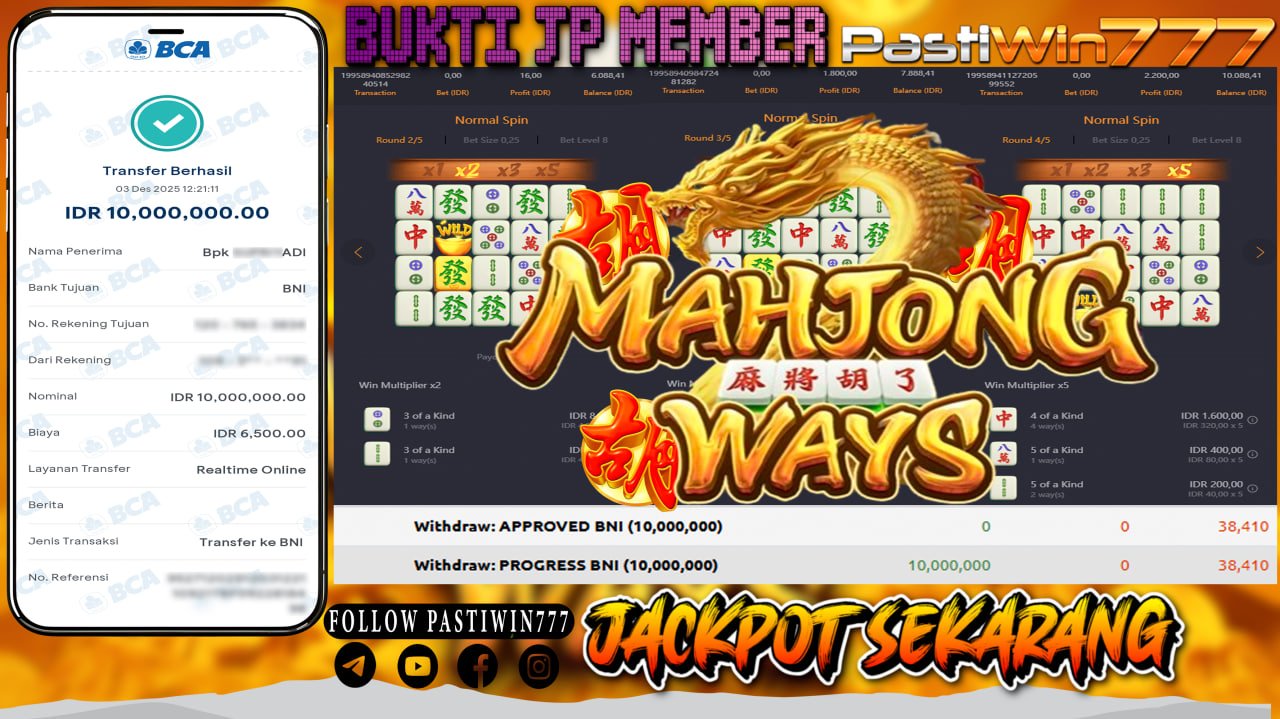 BUKTI JP MEMBER PASTIWIN777 BERMAIN GAME MAHJONG WAYS -PG SOFT