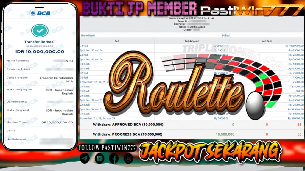 BUKTI JP MEMBER PASTIWIN777 BERMAIN ROULETTE – LIVE GAME PRAGMATIC PLAY