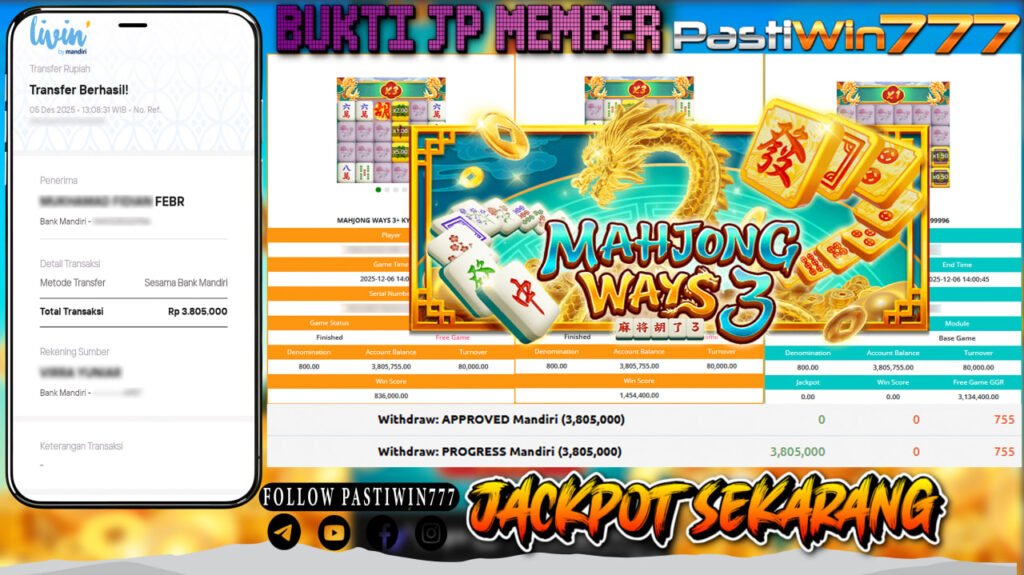 BUKTI JP MEMBER PASTIWIN777 BERMAIN GAME MAHJONG WAYS 3+-5G GAMES