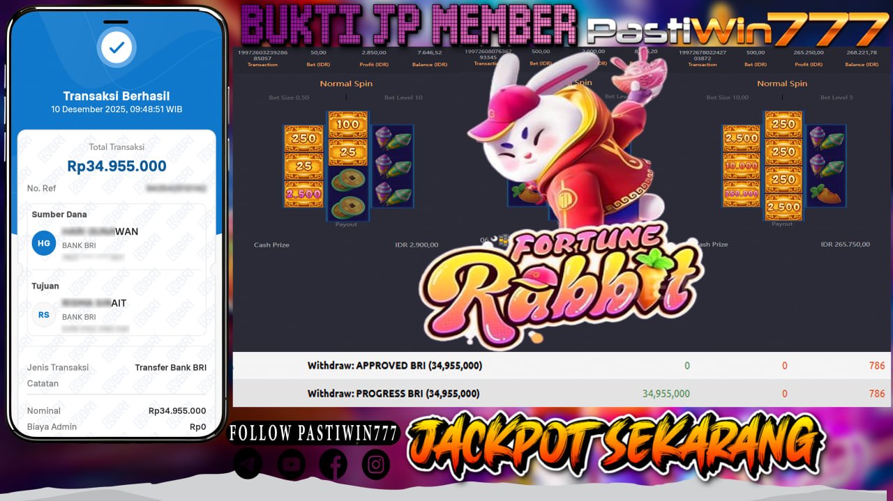 BUKTI JP MEMBER PASTIWIN777 BERMAIN GAME FORTUNE RABBIT – PGSOFT