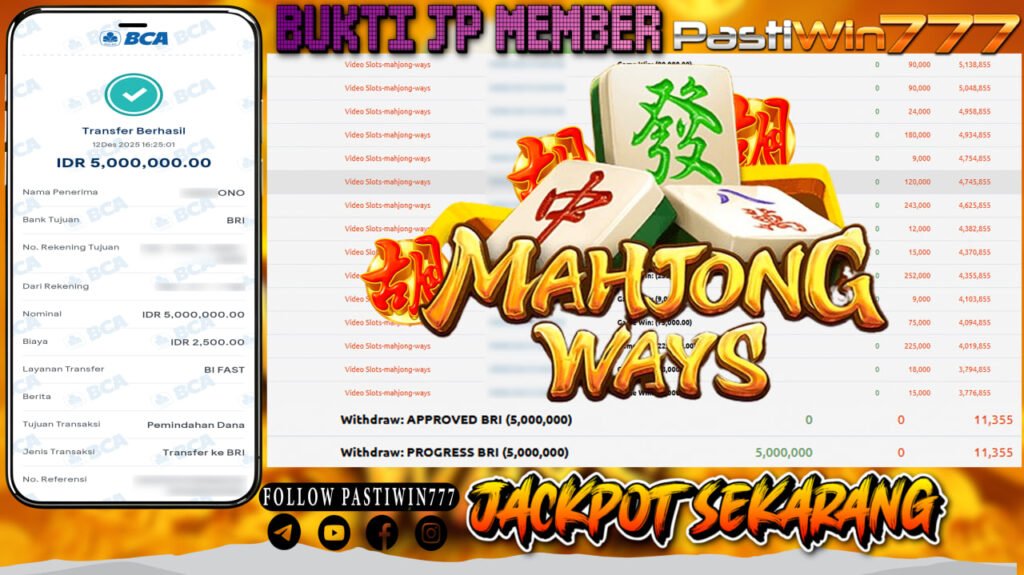 BUKTI JP MEMBER PASTIWIN777 BERMAIN GAME MAHJONG WAYS -PG SOFT