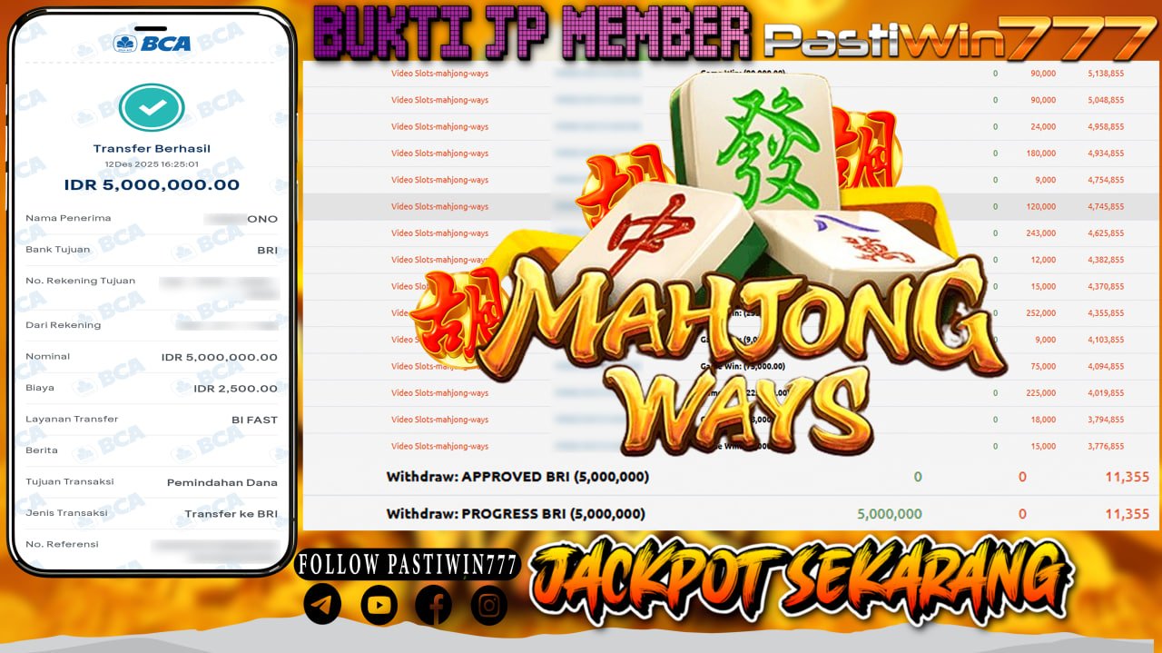 BUKTI JP MEMBER PASTIWIN777 BERMAIN GAME MAHJONG WAYS -PG SOFT