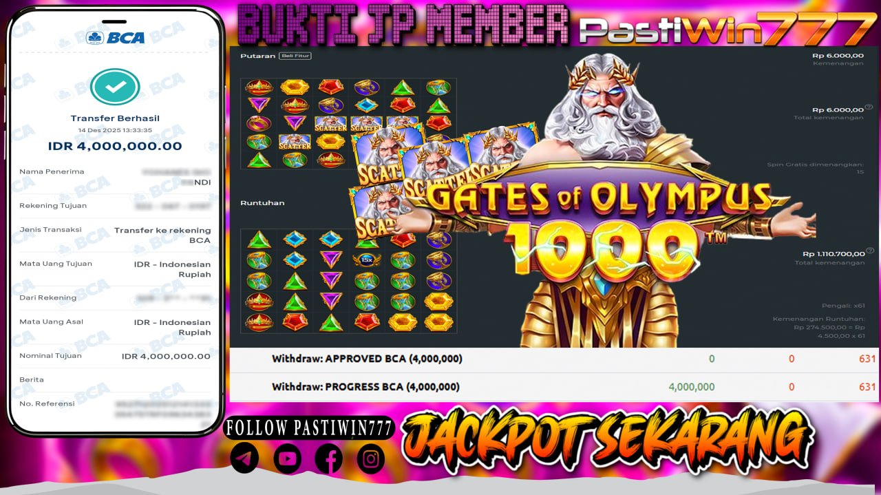 BUKTI JP MEMBER PASTIWIN777 BERMAIN GATES OF OLYMPUS 1000 -PRAGMATIC PLAY