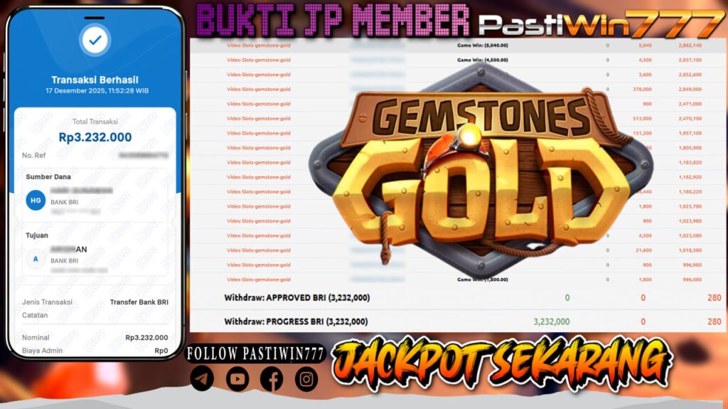 BUKTI JP MEMBER PASTIWIN777 BERMAIN GAME GEMSTONES GOLD-PG SOFT